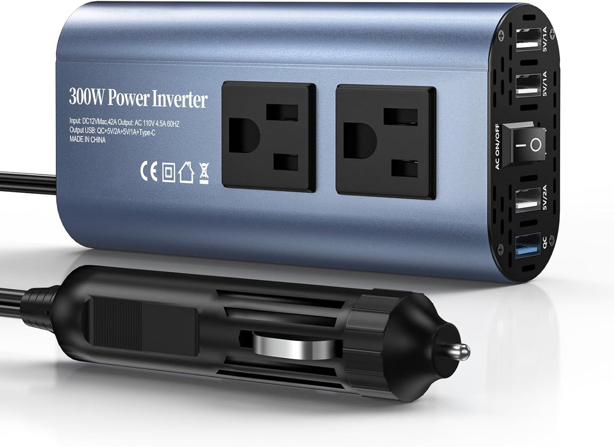 300W Car Power Inverter, DC 12V to 110V AC Car Plug Adapter Outlet with USB-Fast Charger(25W)、 USB-A（20W） and Dual AC Outlet, QC3.0, 4 USB Ports, Car Charger for Laptop、Phone, etc