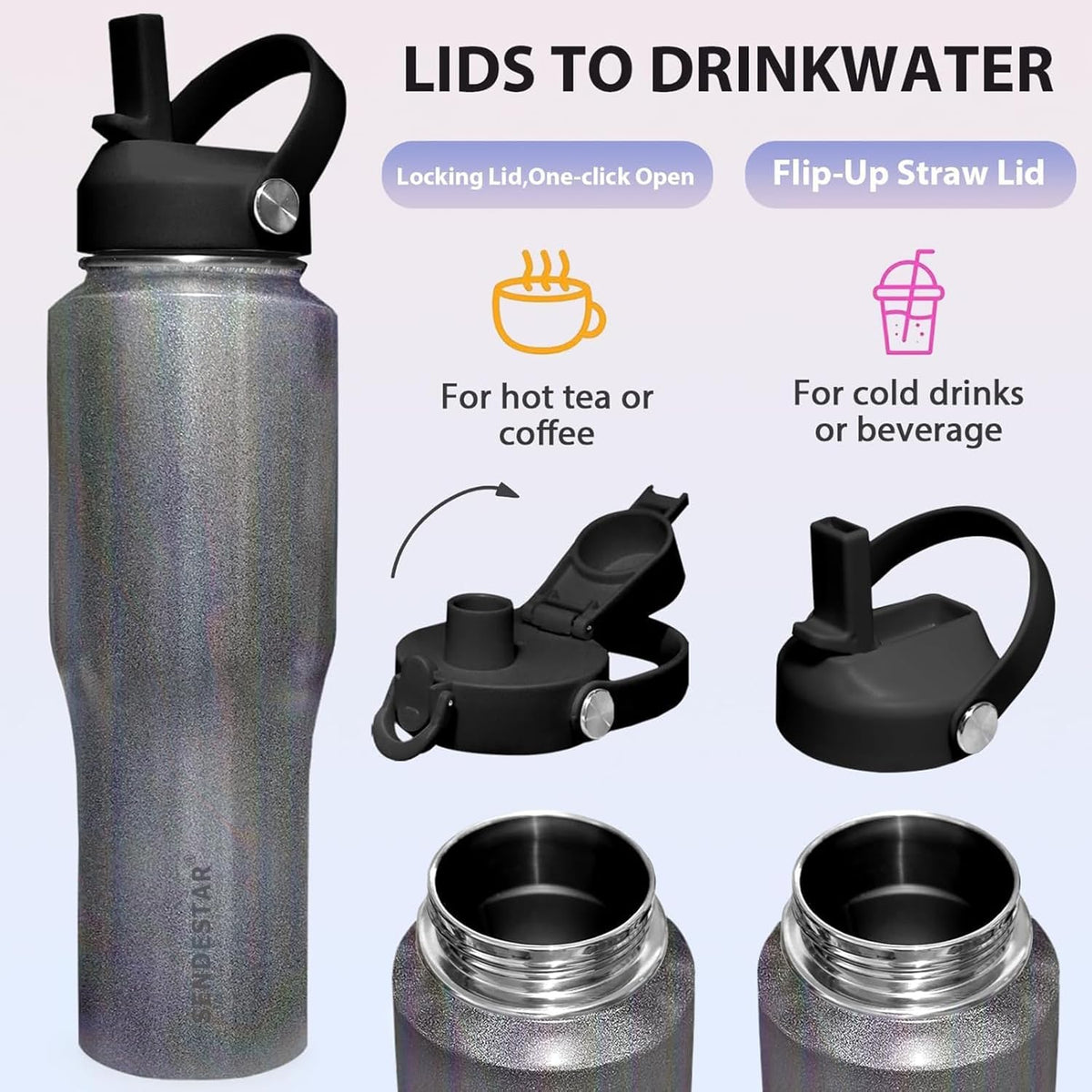 SENDESTAR 32oz Stainless Steel Water Bottle(Cold for 48 Hrs, Hot for 24 Hrs),Double Wall Vacuum Insulated Bottle with Straw Lid, Spout Lid and Flex Cap, Fit in Any Car Cup Holder TXIN-32-Laser Grey