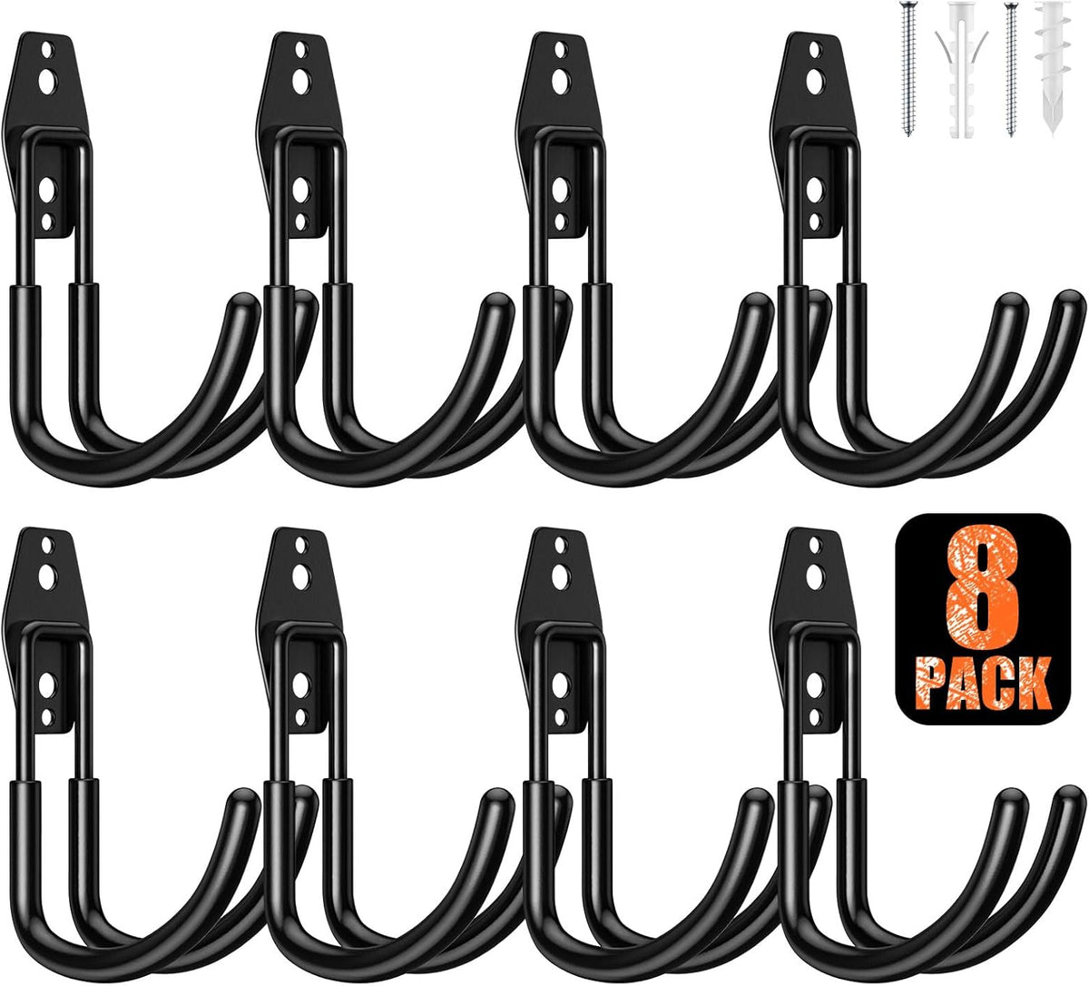 8 Pack 5.5x4.1 inch J Heavy Duty Garage Hooks,Solid Steel Wall Mount Hangers,with Anti-Slip Coating,for Hanging and Organising Ladder,Bike,Ropes,Broom,Garden,Yard and Power Tools