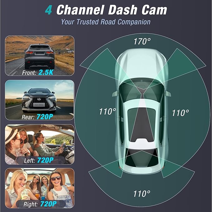 4 Channel 2.5K Dash Cam Front Rear Left Right, 170° Wide Angle Car Dash Camera with 5GHz WiFi & App Control, G-Sensor, Super Night Vision, 24H Parking Monitor, Loop Recording, 64GB SD Card Included