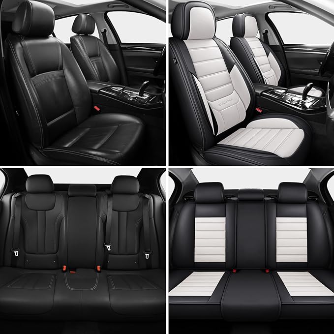 Car Seat Covers Full Set,Black White Car Seat Cover, Car Seat Protector Waterproof, Nappa Leather Car Seat Cushion, Fit for Most Cars