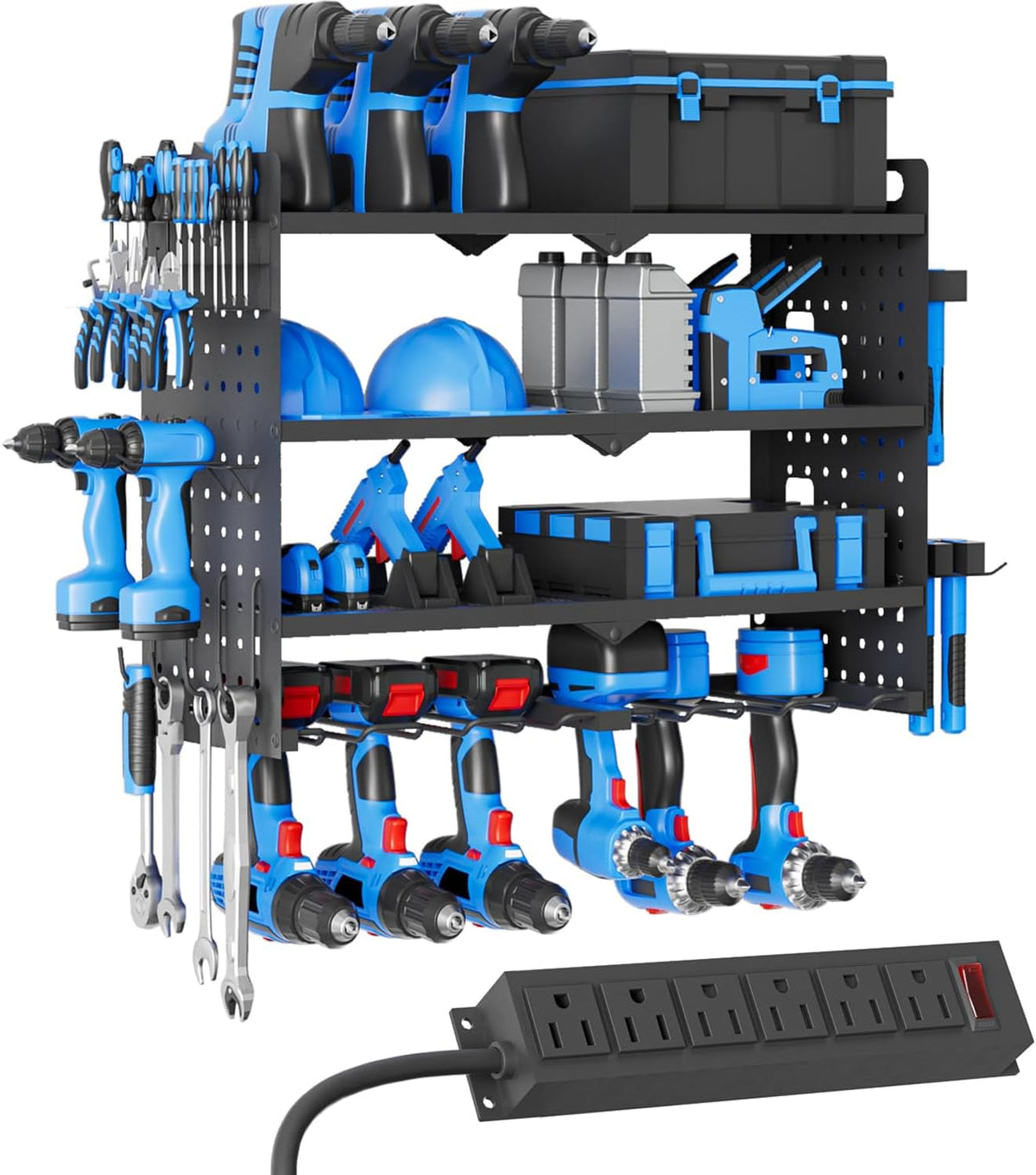 Power Tool Organizer Wall Mount with Charging Station, 4 Layers 6 Drill Holder, Heavy Duty Storage Utility Racks, Supports 600 lbs,Battery Shelf for Garage and Workbench (24 Inch 6 Drills Holder)