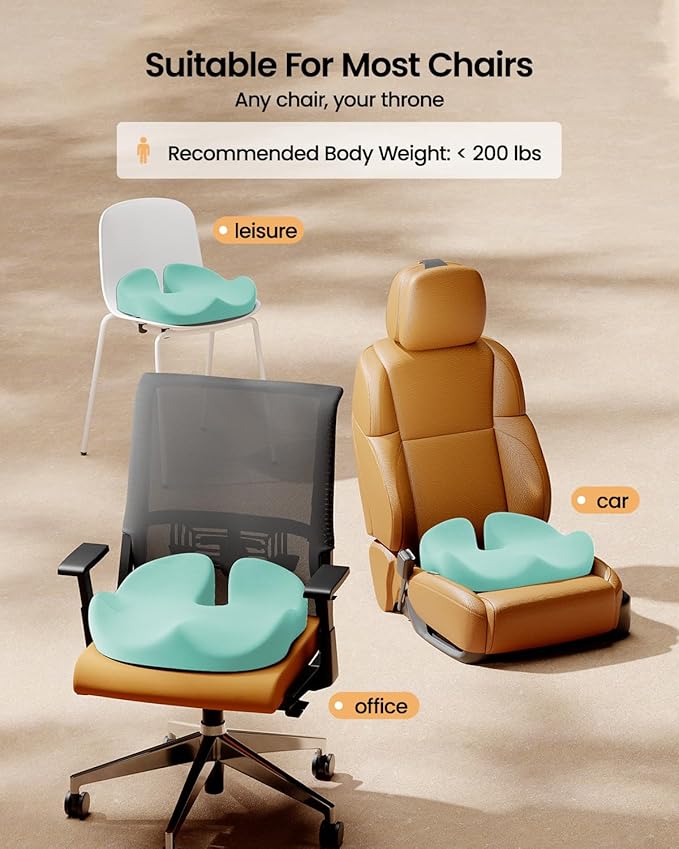 ProtoArc Seat Cushion, Office Chair Cushion for Sciatica, Coccyx Cushion, Ergonomic Memory Foam Seat Cushion for Car, Home, Pressure Relief Pad for Hip, Tailbone, All Day Comfort - Mint Green