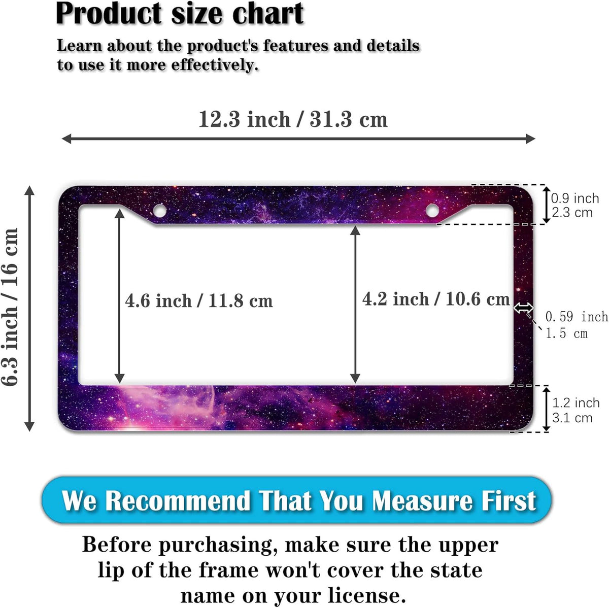 License Plate Frames Multicolor License Plate Cover Beautiful Galaxy Space Universal Aluminum Car Accessory 2 Pack with Screw Covers Set