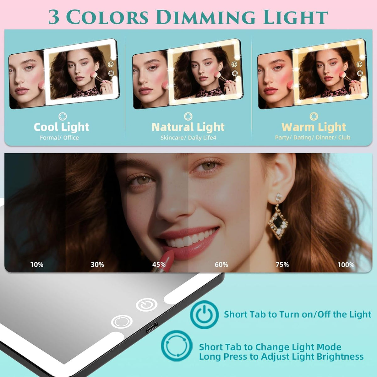 Car Sun Visor Vanity Mirror with Lights & 20X Magnification, Led Light up Makeup Mirror for Sun Visor, Rechargeable 3 Colors Dimming Light, Universal Accessories for Car SUV Truck