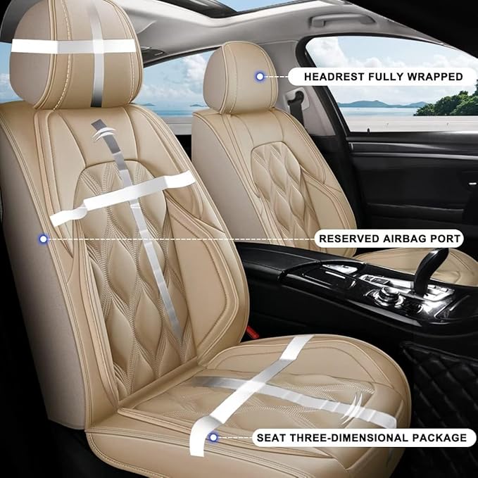 AOMSAZTO Full Set Fit for Toyota Tundra 2008-2025 Waterproof Leather Automotive Cushion Covers Seat Protector Airbag Compatible Truck Seat Covers (5 Seats,Beige)