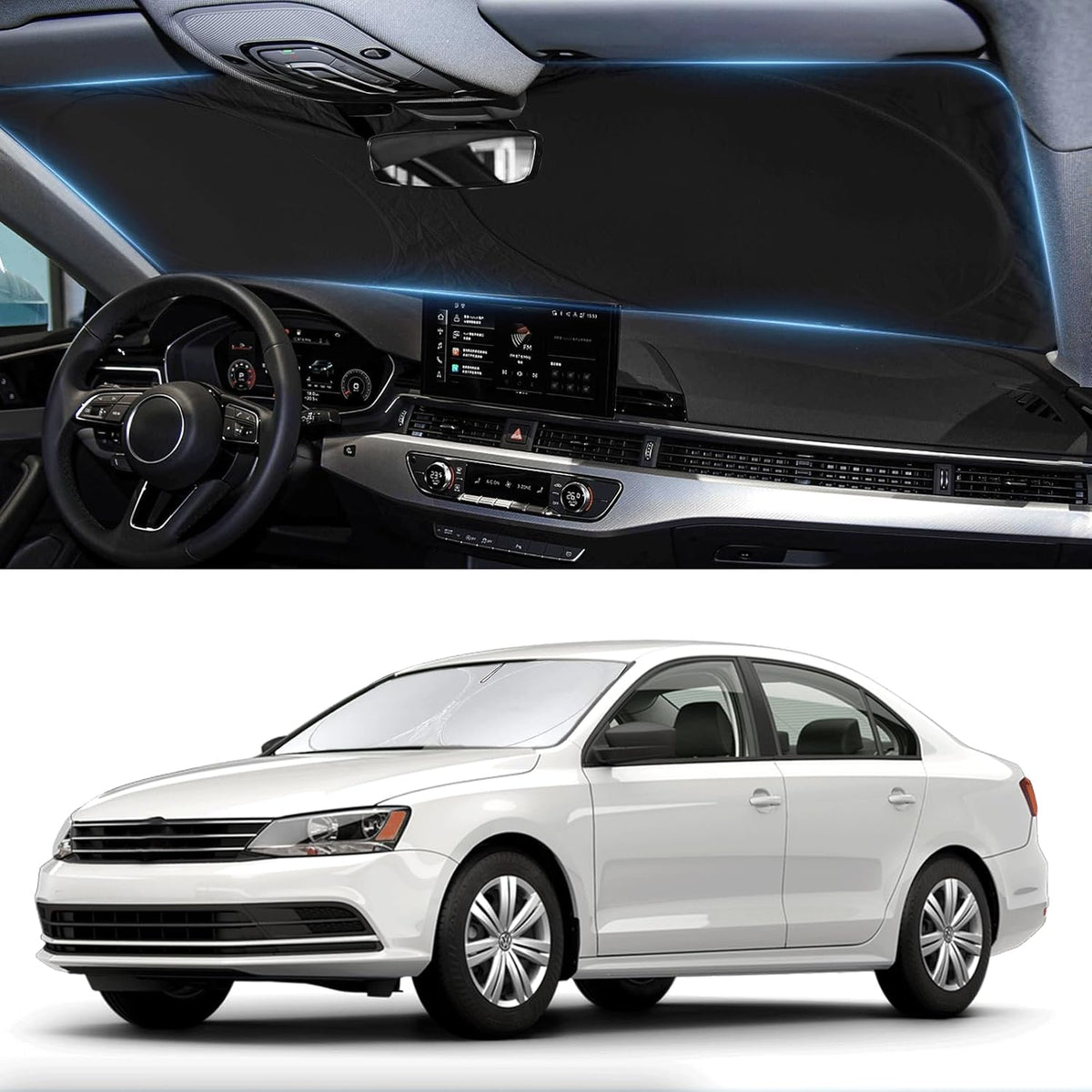 Custom Fit VW Jetta Windshield Sunshade for 2011-2017 2018 Volkswagen VW Jetta Accessories Front Window Shield 210T Silver Coating Cover for Volkswagen Windshield Sun Visor Protector Blocks UV
