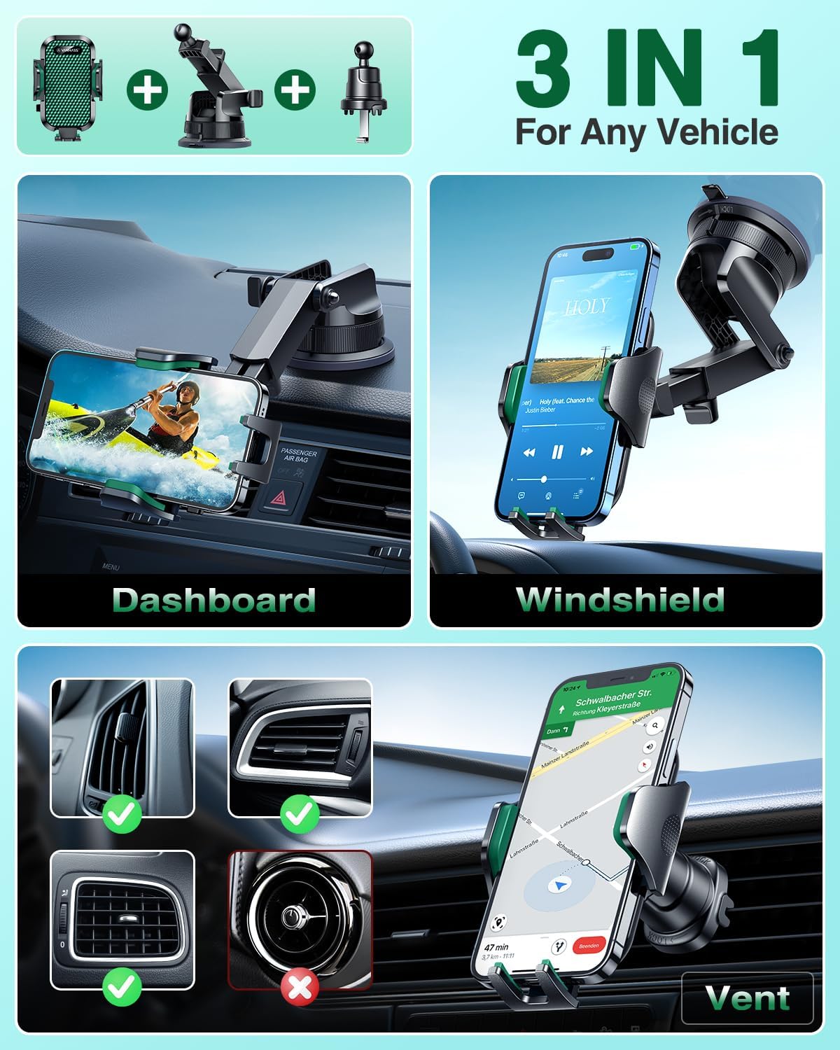 VANMASS [True Military-Grade] Car Phone Holder [Strongest Suction & Clip] Cell Phone Mount for Dashboard Windshield Vent Truck Accessories Cradle Dash Stand for iPhone 15 14 13 12 Android,Green