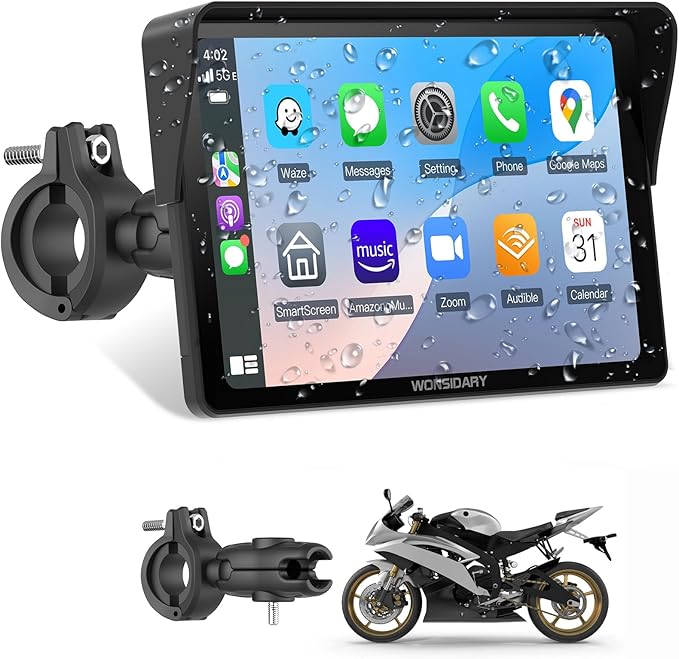 W722 for Motorcycle CarPlay & Android Auto,7" Waterproof Smart GPS Navigation System Screen,Car Play Moto with Light Sensor,Dual Bluetooth,Siri/G-Assist,EQ,USB/Hardwired Power Supply