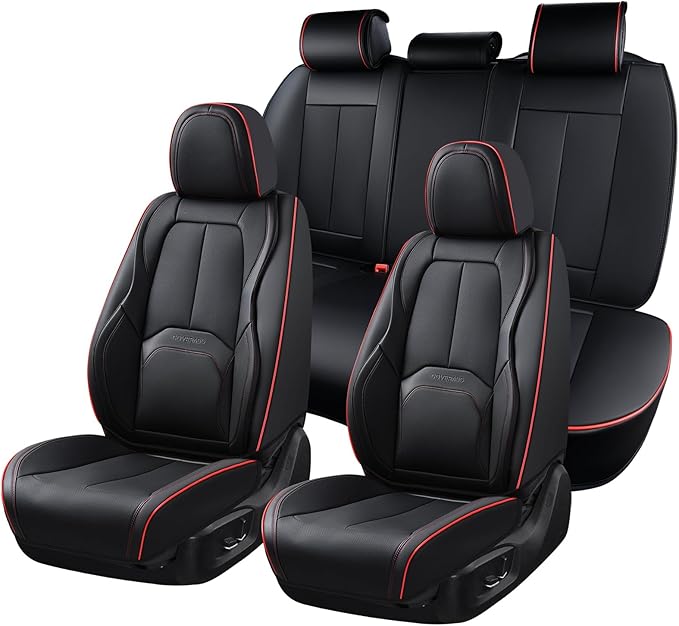 Coverado Car Seat Covers Full Set, Premium Nappa Leather Seat Covers for Car, Waterproof Car Seat Protector with Lumbar Support, Car Seat Cover Universal Fit for Most Cars SUV Truck(Black&Red)
