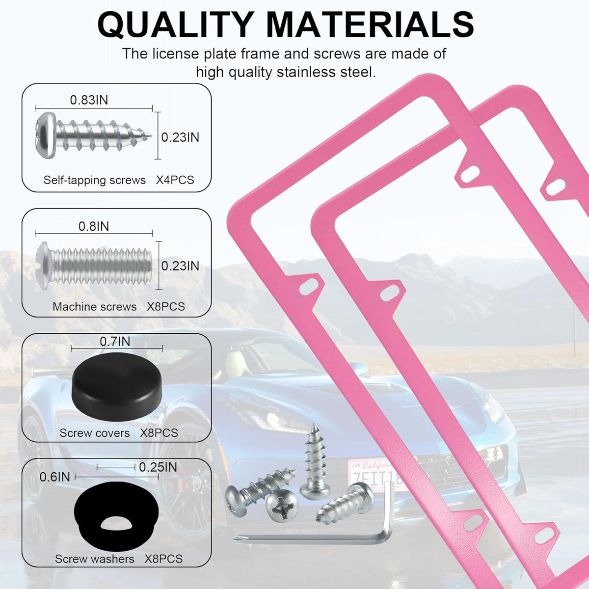 LivTee 4 Holes Stainless Steel License Plate Frames, 2 PCS Car Licence Plate Covers, Automotive Exterior Accessories Slim Design with Bolts Washer Caps for US Vehicles, Pink