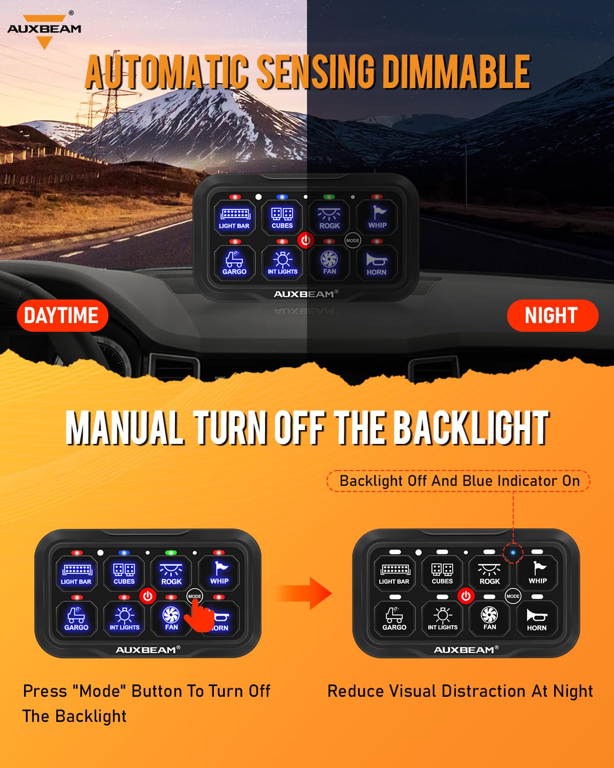 Auxbeam RC800 8 Gang Switch Panel RA84 RGB Wireless Remote Control Up to 165FT Range Automotive Switch Pod Featuring 3 Lighting Modes Backlit Off Waterproof for Car Boat Truck RV 2-Year Warranty