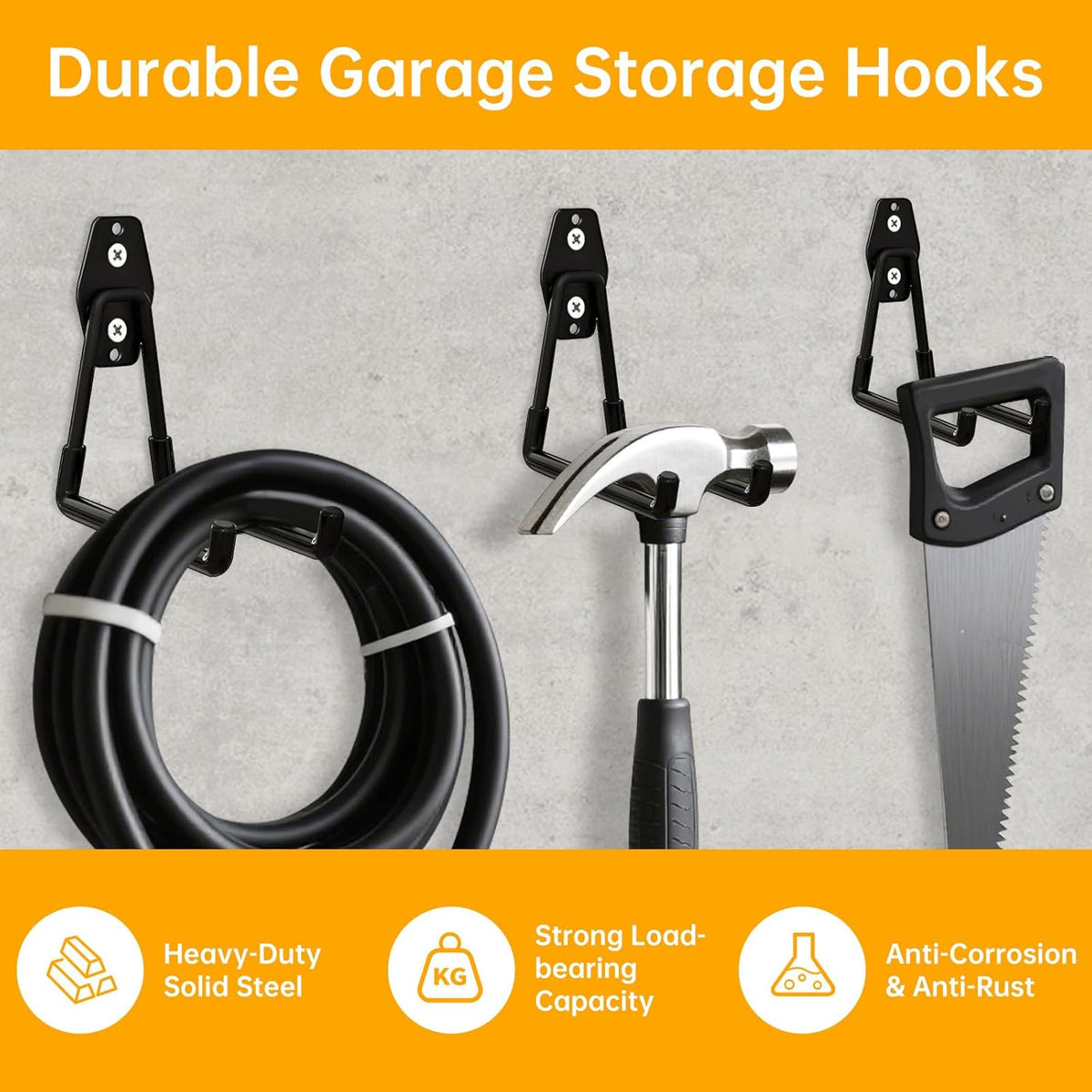 WIN&YING 6 Pack Steel Garage Storage Hooks, Heavy Duty Wall Mounted Storage Hanger, Anti-Slip Tool Organizer for Hanging Ladders, Hose, Bulk Items, Power and Garden