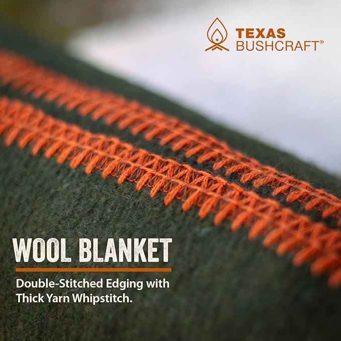 Texas Bushcraft Merino Wool Blanket for Camping, Hiking and Backpacking - Water and Fire Resistant Camp Car Blanket, Fast-Warming and Durable With Double-Stitched Edging (66" x 90")