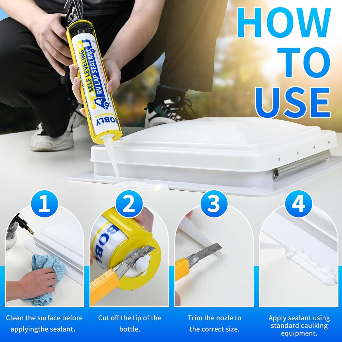 RV Roof Sealant, Self Leveling Lap Sealant White, RV Caulking Sealant Waterproof, Flexible & Non-Cracking, RV Lap Sealant for Camper, Trailer & Motorhome Roof Repair, Secure Odorless (4 Pack)