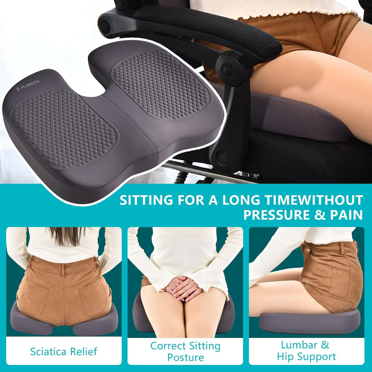 FLORICH 3 PCS Seat Cushion for Carseat Lumbar Support Pillow Car Neck Headrest Pillows Memory Foam Seat Pads Pressure Relief Back Cushion for Office Chair(Grey)