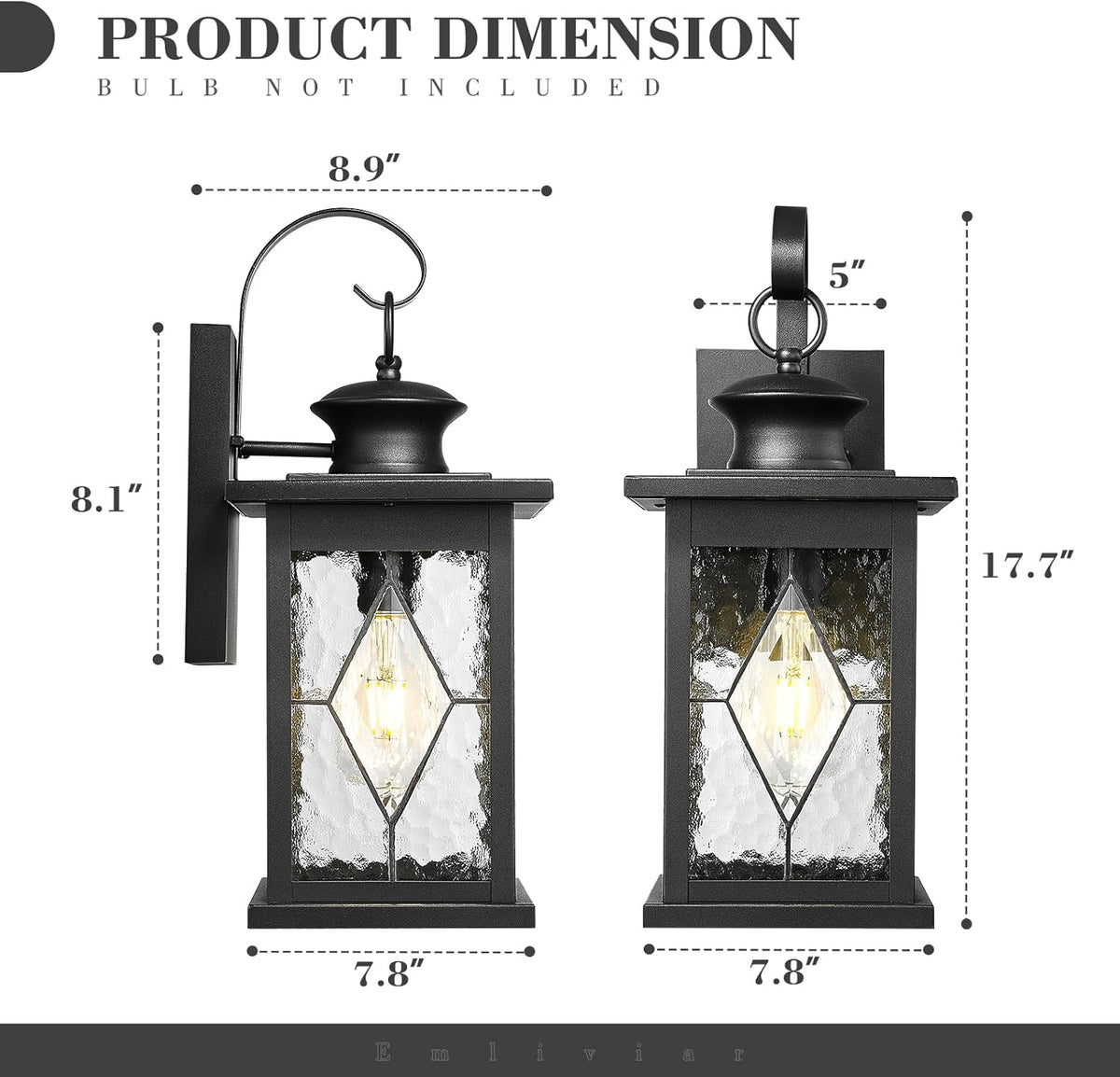 Emliviar Large Outdoor Wall Lantern 18 Inch, Black Front Porch Light with Water Grain Glass Shade, Outside Lights for House and Garage, 1810-BW2-SD