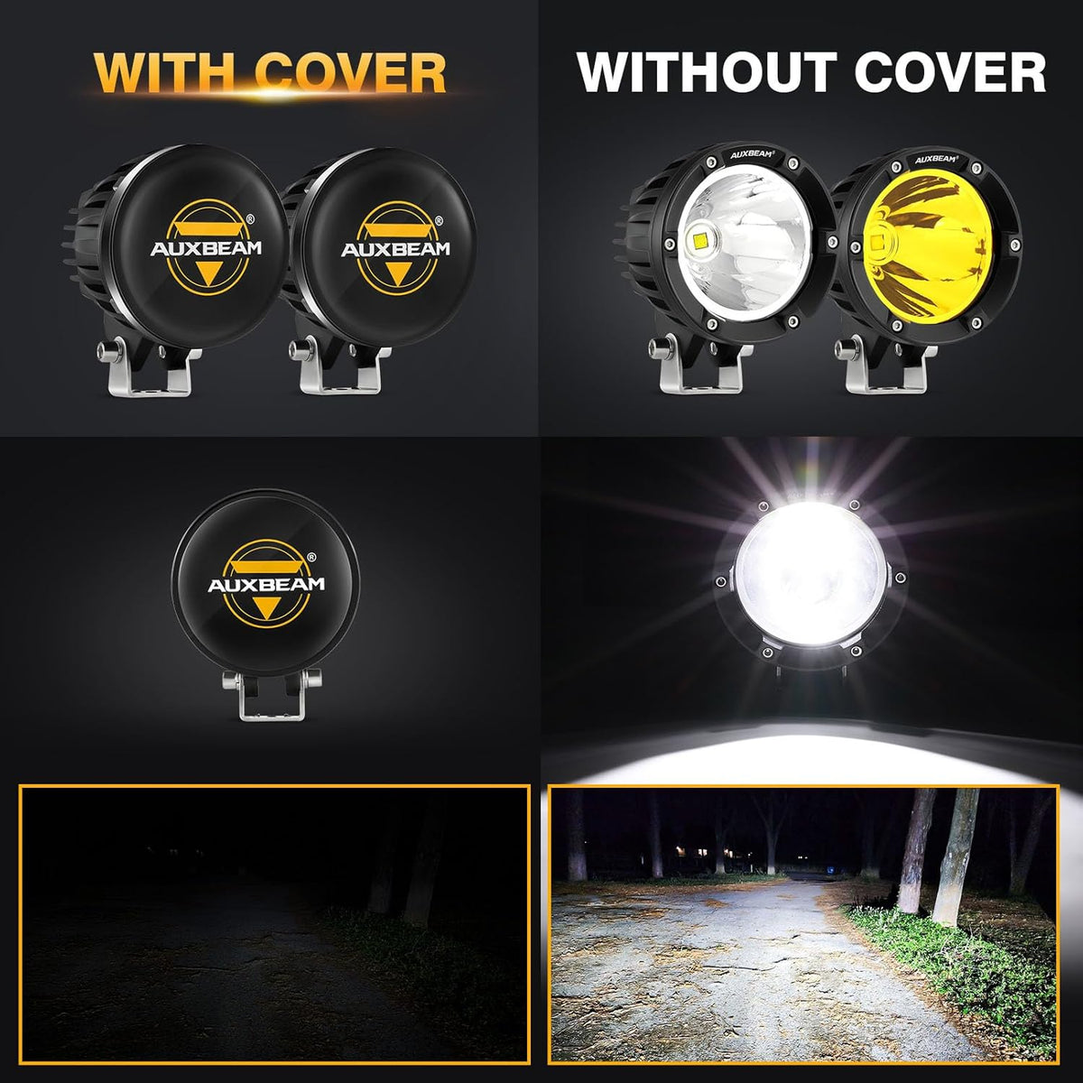Auxbeam C4 Series 4 Inch Black Protective Light Covers, Round Offroad LED Pods Lens Cap, On Road & Off Road, Polycarbonate Plastic, Snap-On Design, 2 Packs