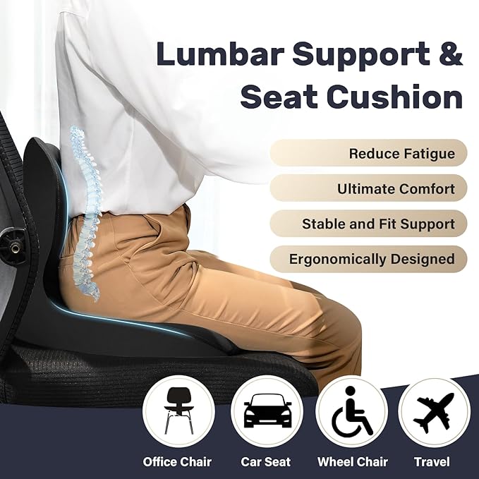 Coverado Car Seat Cushion and Lumbar Support Pillow One Piece, Memory Foam Ergonomic Back Support Driving Seat Cushion for Back Pain, Non-Slip Washable Cushion for Car, Driver, Office