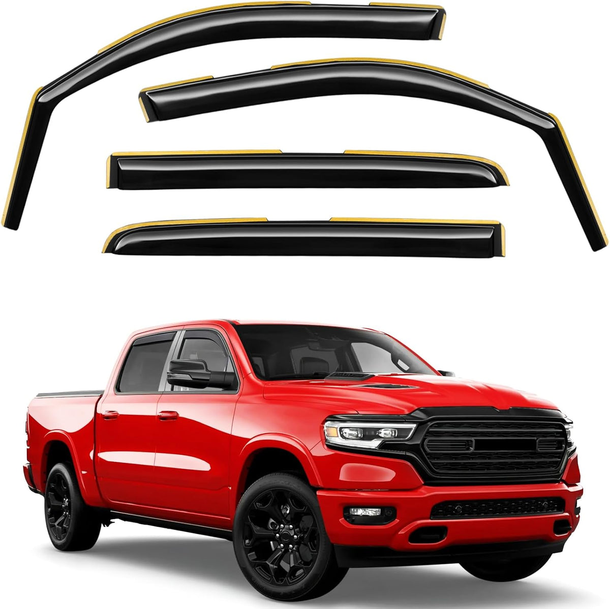 in-Channel Window Rain Guards Fit for Truck Dodge RAM 1500 (New Body Style Includes TRX) 2019-2025 Crew Cab Extra Durable Window Deflectors Vent Visors Shades Exterior Car Accessories