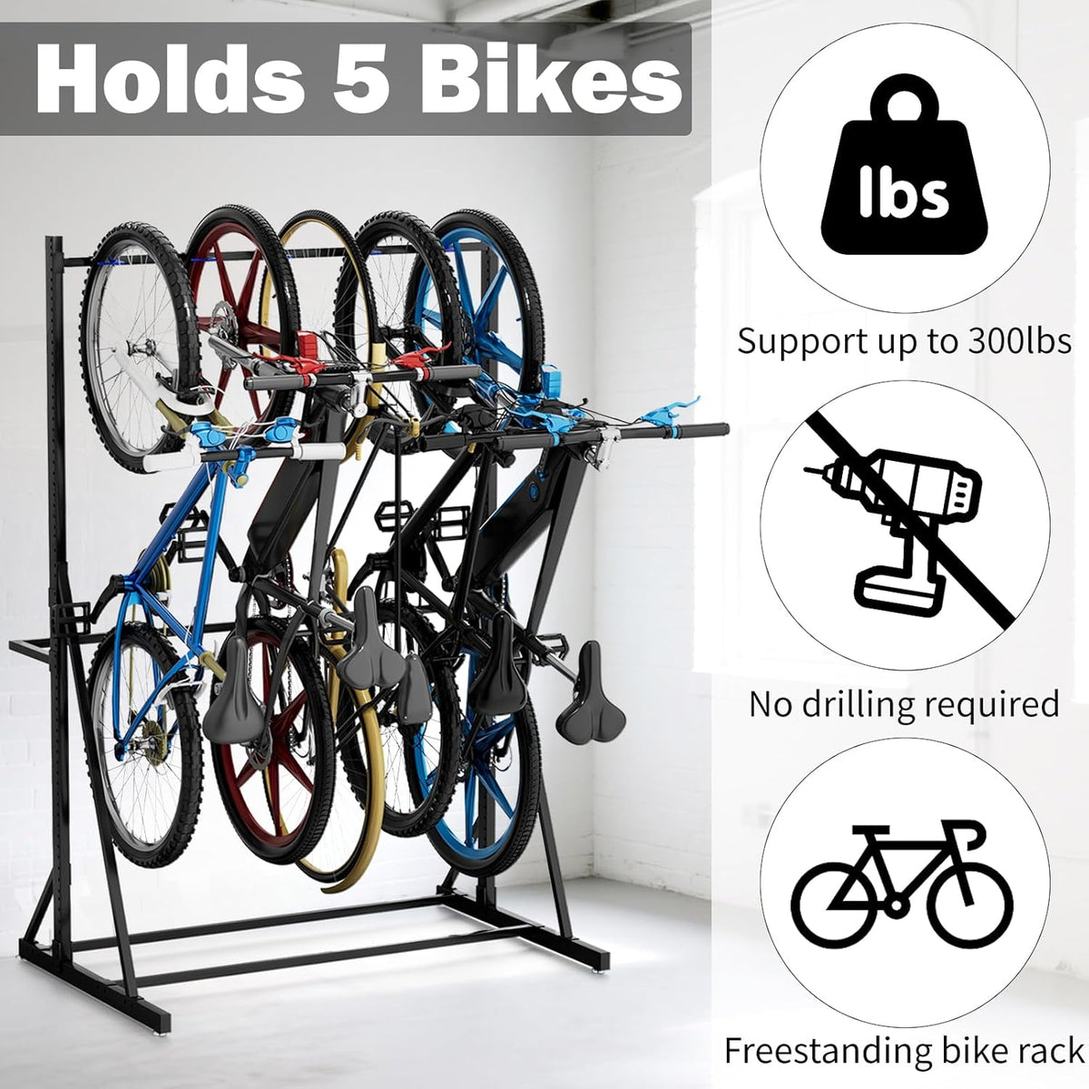 Freestanding Bike Storage Rack, Heavy Duty Vertical Bike Rack with 300LB Capacity, Hold 5 Bikes, Indoor Bicycle Organizer for Garage Storage with No Drilling Needed