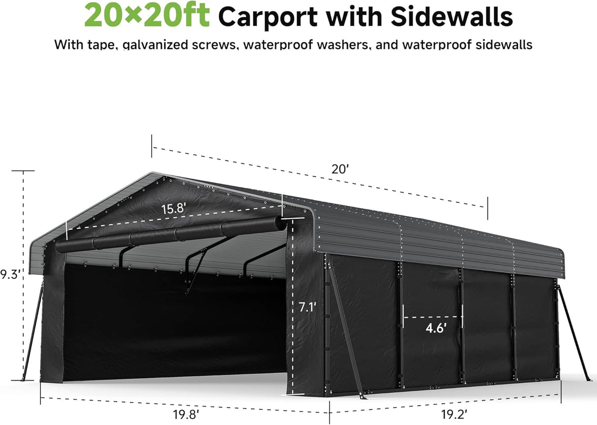 Real Relax 20x20ft Heavy Duty Metal Carport, Galvanized Steel Roof with Removable Sidewalls, 4 Support Legs, Outdoor Car Port Shelter for 2 Car Carport, Trucks and Boats