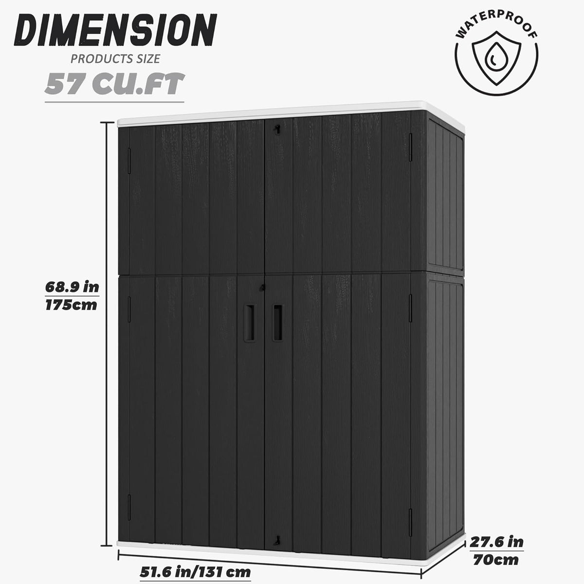 Vertical Outdoor Storage Cabinets, Plastic Sheds&Outdoor Storage with Floor,Outdoor Storage Box Waterproof/Lockable for Garage,Bike,Tools Storage Shed (57Cu.ft-Black White)