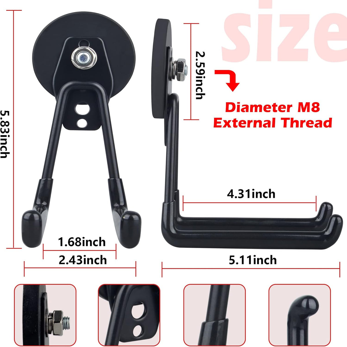 ULIBERMAGNET Magnetic Hooks,Heavy Duty Extra Large Hooks,Power Tool Organizer for Workshop Organization, 2 Pack Tool Hooks for Cordless Drill,Garden Tool,Metal Cabinet,Steel Pegboard(Black)