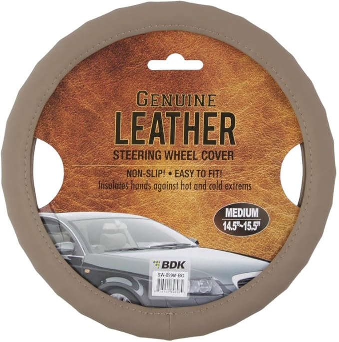 Motor Trend Ergonomic Grip Steering Wheel Cover/Protector for Small Size Steering Wheels in Cars, SUVs, Boats (13.5-14.5") (Genuine Leather (Beige))