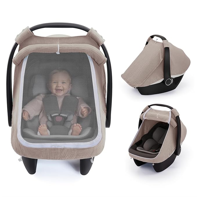 Blissful Diary Baby Car Seat Cover, Extra Large Mesh Window, Breathable Muslin Cotton, Infant Windproof Canopy, Agreeable Gray
