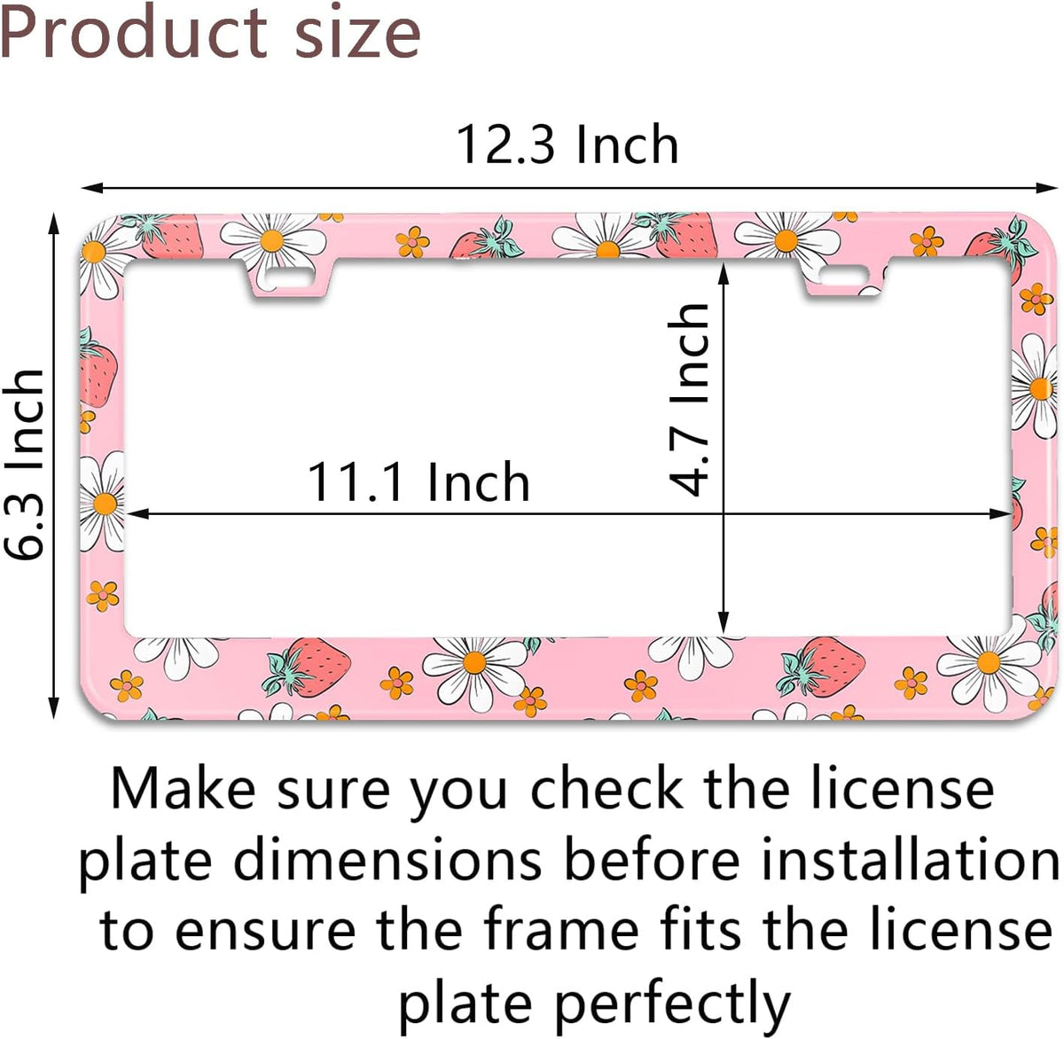 Pink Strawberry Floral License Plate Frame Stainless Steel License Plate Frames Holder Covers Rust-Proof Auto Parts Decoration with Screws License Plate Holder for Car Accessories 12x6 Inch