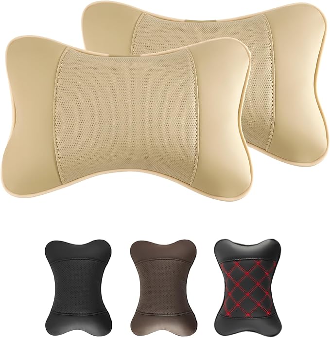 2 Pack Car Neck Pillow PU Leather Automotive Headrest Pillow for Car Support Neck Pain Relief Universal Car Pillow (Beige)