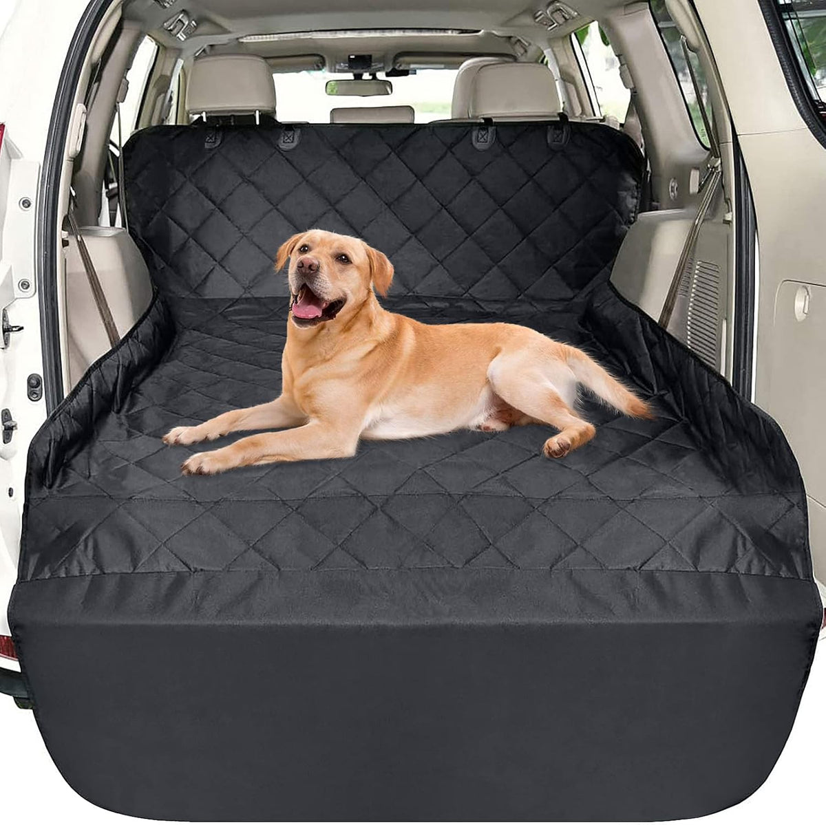 F-color SUV Cargo Liner for Dogs - Waterproof Pet Cargo Liner, Comfort Dog Cargo Cover with Bumper Flap Protector, Scrachproof Non-Slip Universal Fit SUVs Sedans Trunks Vans, Black