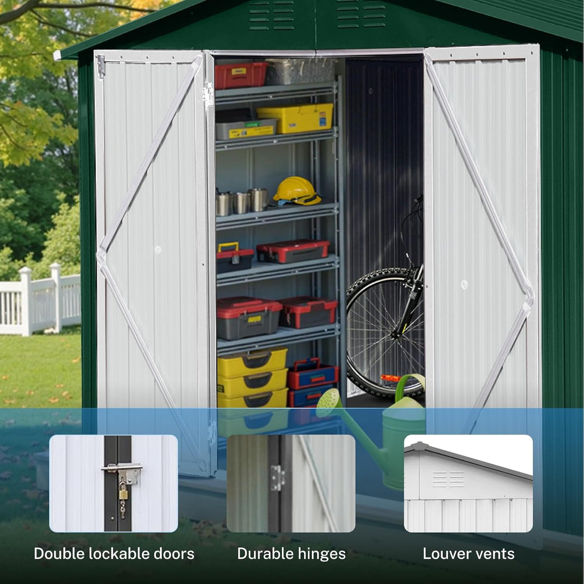 8 x 6 FT Outdoor Storage Metal Shed, Bike Garden Tool Shed with Slooping Roof, Lockable Doors and Aluminum Frames, Shed Easy to Assemble for Garden, Patio, Lawn, Green