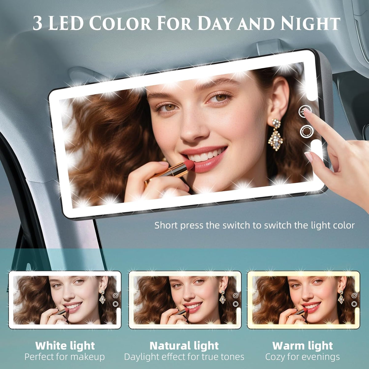 Car Sun Visor Vanity Mirror,Rechargeable Led Makeup Mirror with 3 Light Modes,Dimming Lights,Black