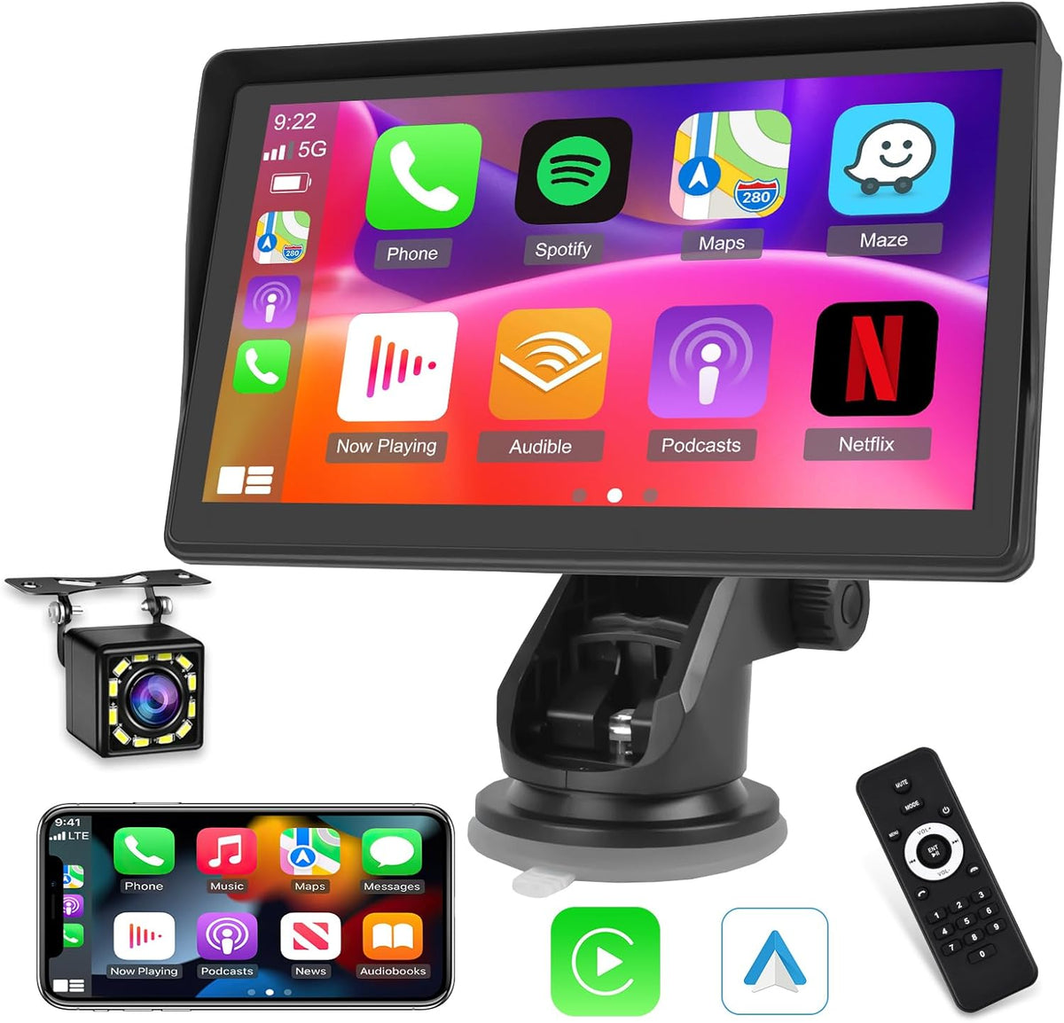 7 Inch Protable Apple Carplay Car Screen, Wireless Android Auto Dash Mount, Car GPS Navigation System with Mirror Link/Bluetooth/FM Transmitter/USB + 12LED Backup Camera