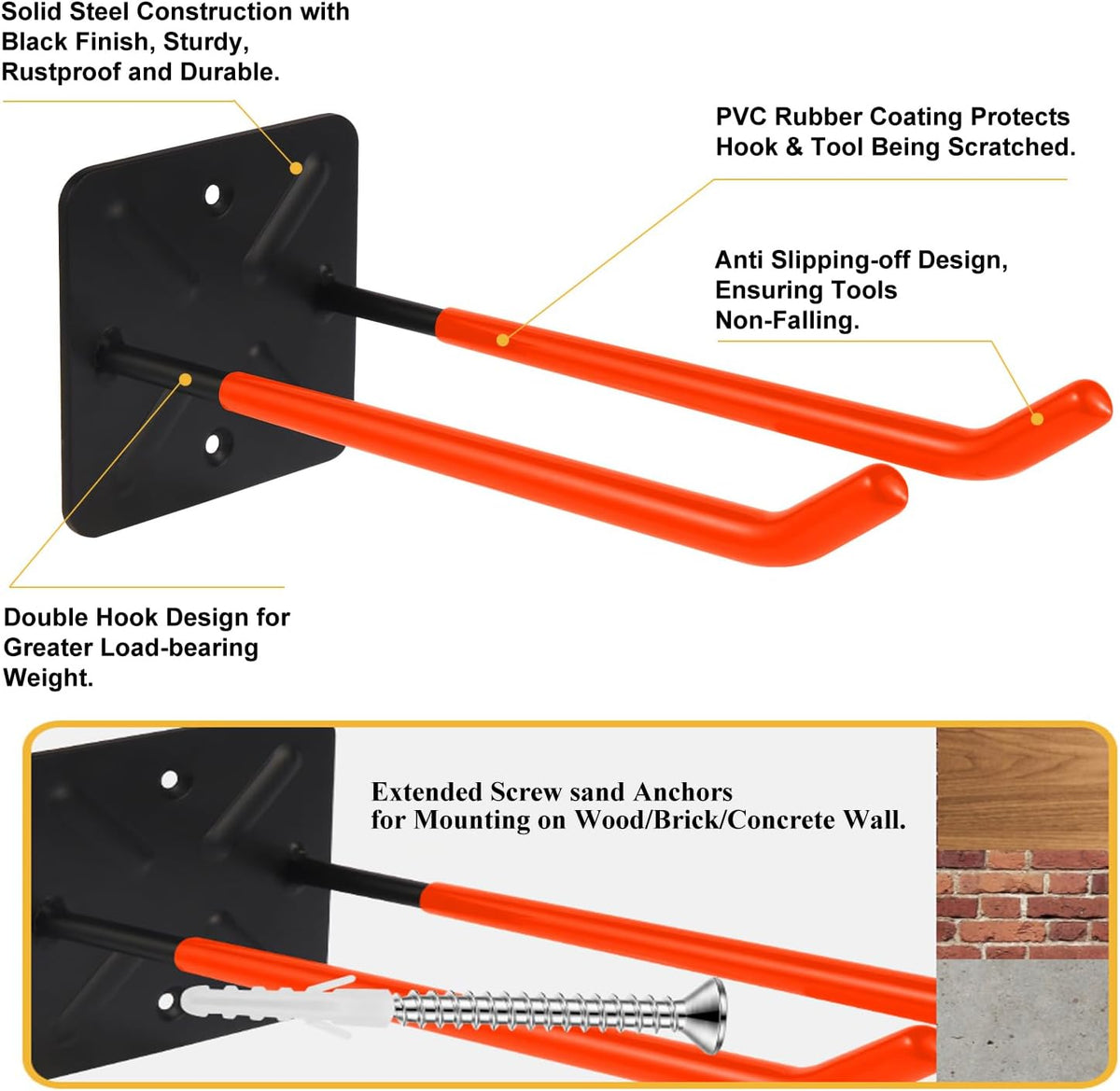 Steel Garage Storage Hooks Wall Tool Organizer, 10 Inch Garage Hook Heavy Duty Utility Storage Hangers Orange for Ladders, Chairs, Garden Tools, Set of 4