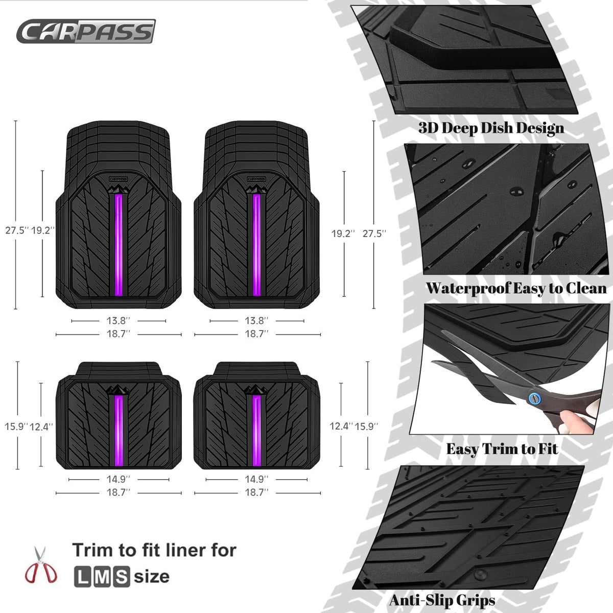 CAR PASS Metal Medium Rubber Floor Mats for Car Heavy Duty Car Mats All Weather, Universal Trim to Fit for Truck SUV Vehicle Automotive Floor Mats, Waterproof Car Mats 4 Piece Black Purple