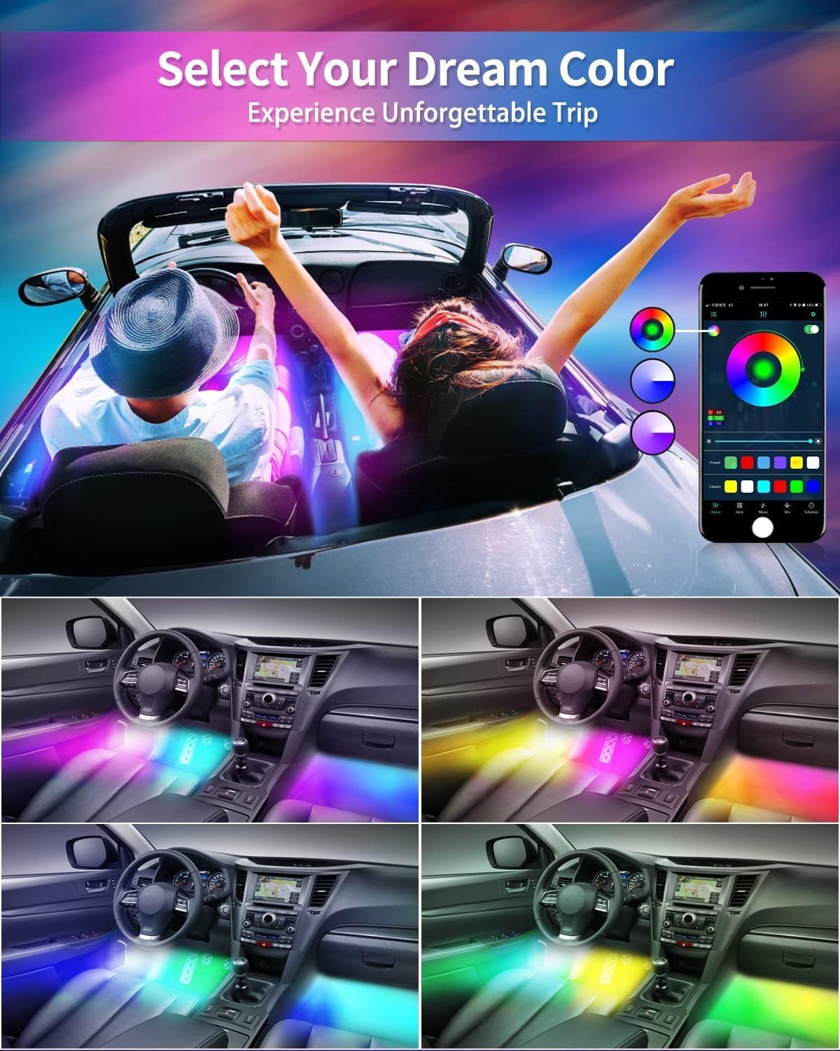 72LED USB Interior Strip Lights Dream Color RGB-IC 12V DC with App RF Remote Control Multicolor Footwell Under Dash Chasing Inside Light Kits Music Sync Mode for Cars Truck ATV UTV with Car Charger