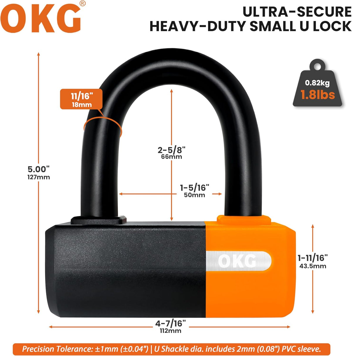 OKG Heavy Duty Small U Lock – 18mm Anti-Cut Manganese Alloy Steel U-Shackle | Dual-Deadbolt Anti Theft Motorcycle Lock for eBike/ATV/Trailer | Drill-Proof & Weatherproof (4 Keys, No Security Chain)