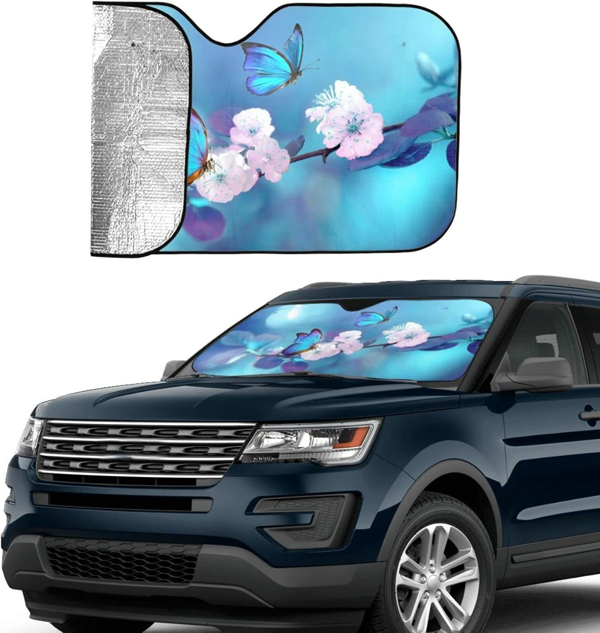 Blue Butterfly Flower Car Windshield Sunshade Front Window Sun Visor Protector Foldable Shield Cover for Truck SUV
