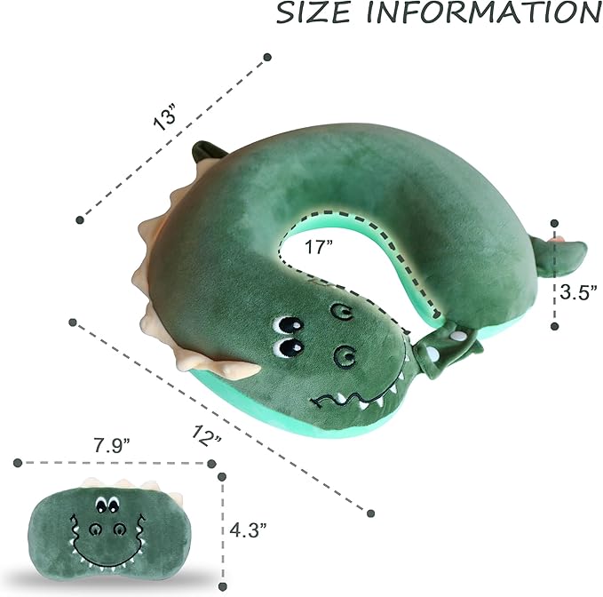 Sexysamba Cartoon Headrest & Neck Pillow for Kids Boys & Girls, Teens, Travel Accessories for Airplane, Car, Recline, Memory Foam Cute Travel Pillow with Sleep Eye Mask - Dinosaur