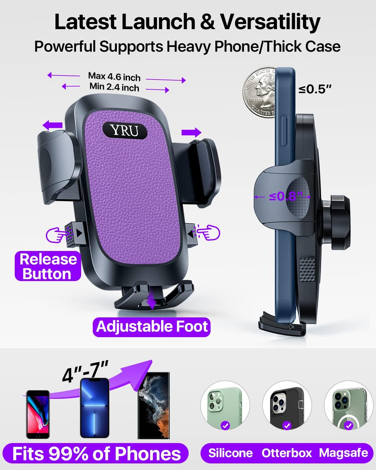 [2025 Upgrade Extreme Strong Suction] YRU Car Phone Holder Mount,[Bumpy Road Stable]Dashboard Cell Phone Holder for Car Vent Windshield Phone Stand for iPhone 16 15 14 13 Pro Max Samsung Truck, Purple