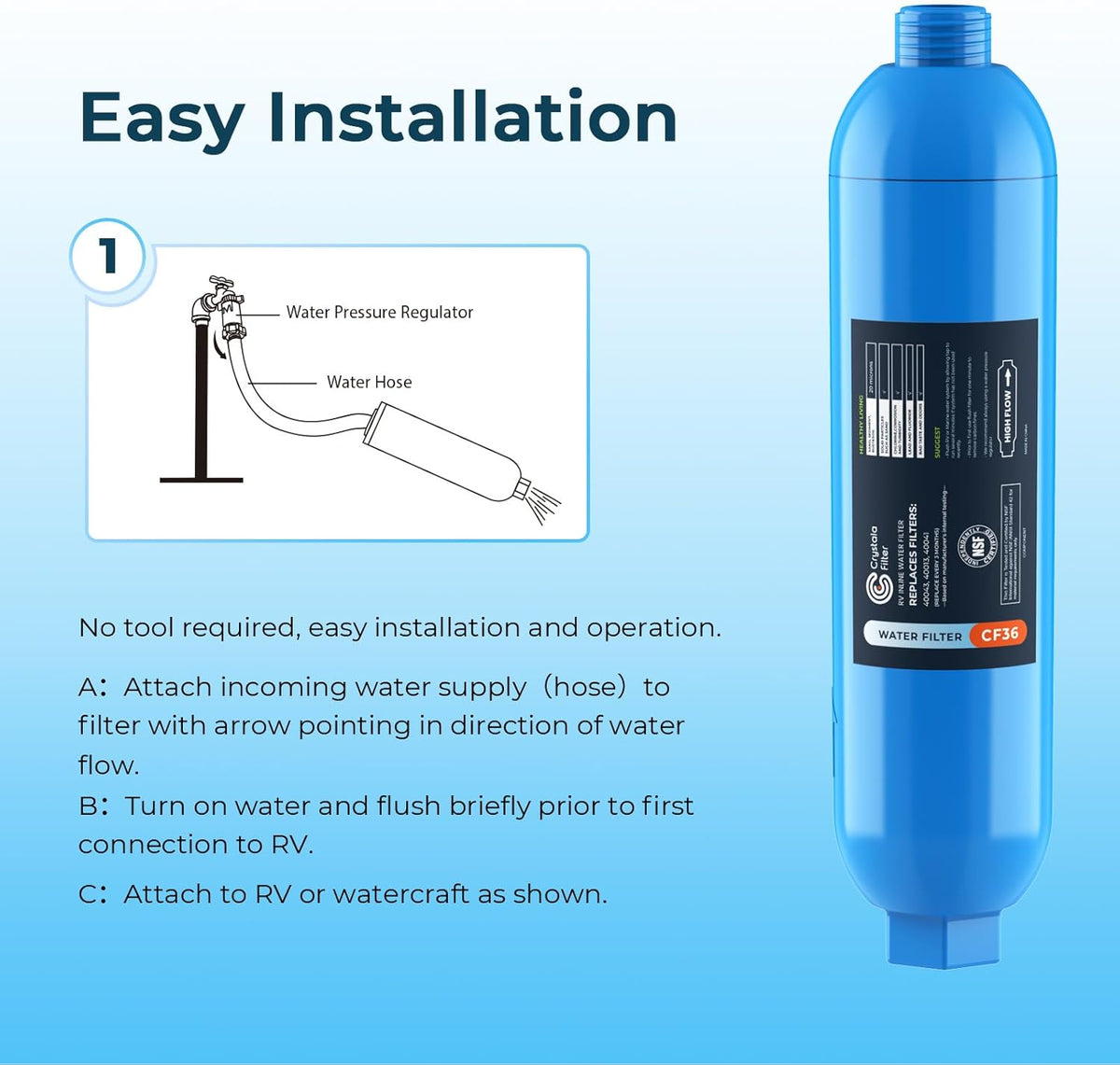 CRYSTALA RV/Camper Water Filter, Inline Water Filter Effectively Reduces Bad Taste, Odors, Chlorine and Sediment for RVs and Marines, 1 Pack Filter with 1 Flexible Hose Protector