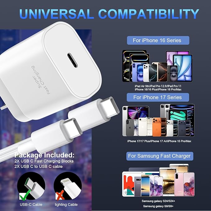 Phone 16 15 Charger Fast Charging,30W Type C Chargers USB C Charge Block with 2 Pack 10FT USB C Cable Nylon Braided for Phones 16/16 Plus/16 Pro/16 Pro Max/Phone 15/15 Pro Max/Pad Pro/AirPods,White