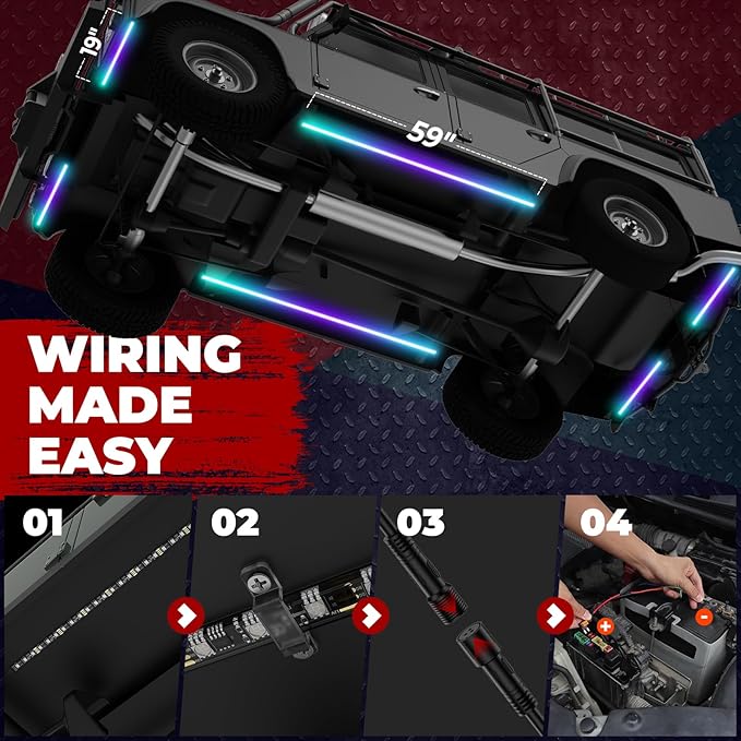 6Pcs Car Underglow Neon Accent Strip Lights 252 LEDs RGB 8 Color Sound Active Function Music Mode with Wireless Remote Control Underbody Light Strips for Car Van SUV Truck, 2 Years Warranty