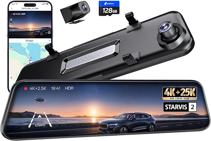 Pelsee 4K+2.5K Mirror Dash Cam with Front Starvis 2 IMX678 & Rear IMX335, 12" Rear View Mirror Camera, Color Night Vision, 5.8GHz WiFi, ADAS & BSD, Included OBD Hardwire Kit, 128GB Card, P12 Pro Max