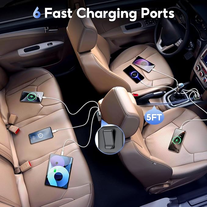 FARSENSE 115W 6-Port USB C Car Charger with PD Fast Charging & LED Display - Universal for iPhone, Samsung, iPad, Laptop