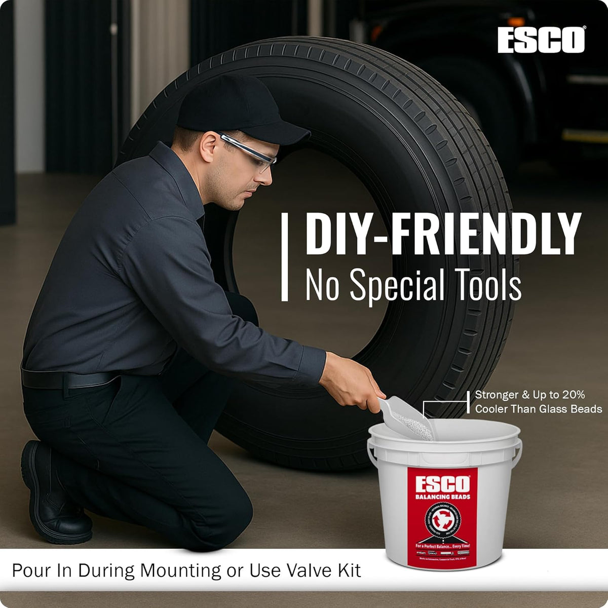 ESCO Tire Balance Beads – 17.6 lb Bulk Bucket (Model 20466C) | Reusable Ceramic Balancing Beads for Truck, RV, Motorcycle, Trailer & Car Tires | Reduces Vibration & Improves Tire Life