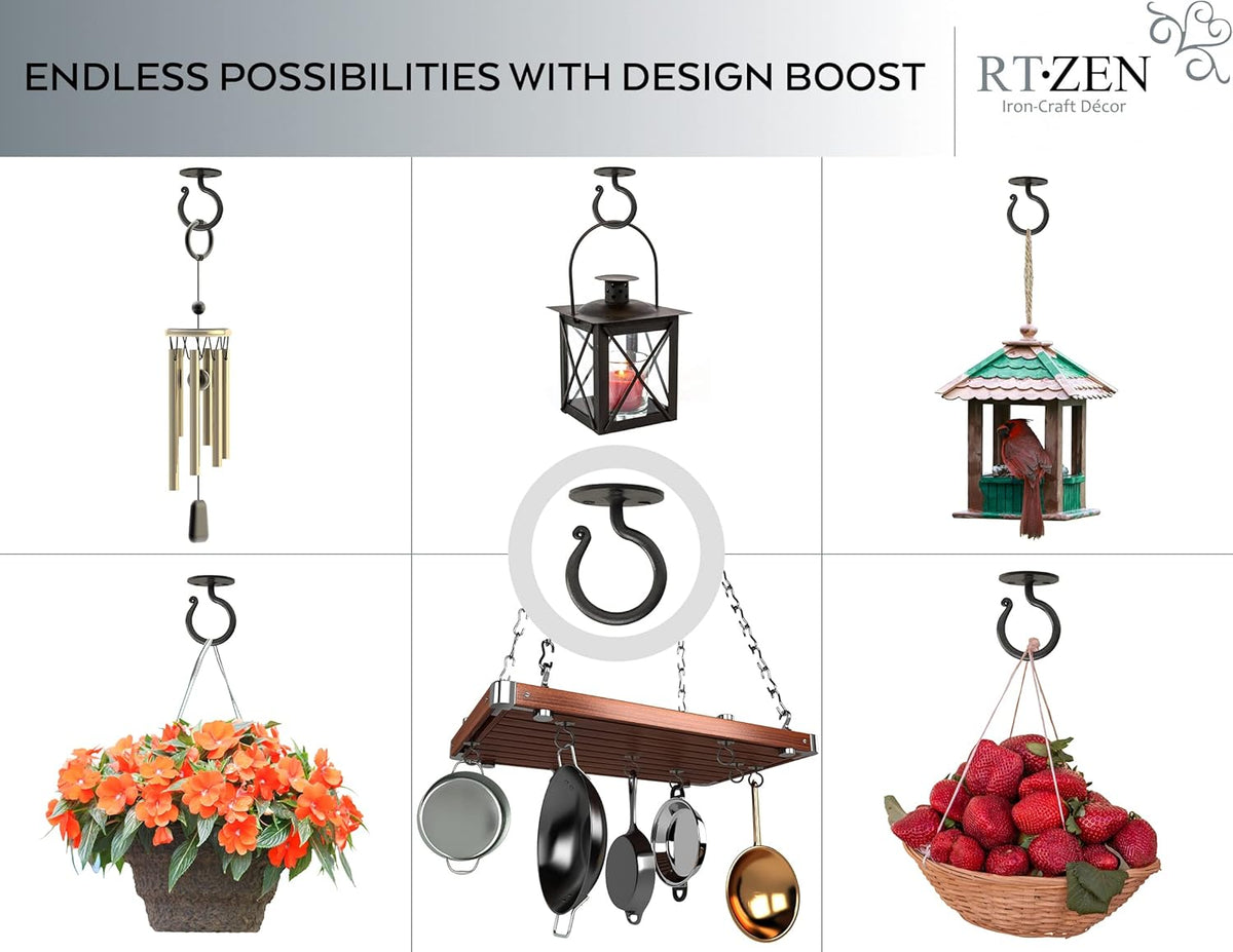 RTZEN Plant Hangers Outdoor or Indoor - Wrought Iron Metal Hanger Indoor Hook - Heavy Duty Wall Bracket Hooks for Hanging Plants Baskets Lanterns Wind Chimes - 2 Pack (Large Black Ceiling Hooks)